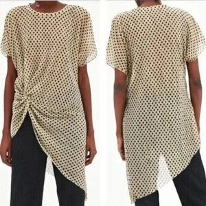 ZARA Gold Metallic Shimmer Black Polka Dot Assymetric Sheer T Shirt Top Blouse M